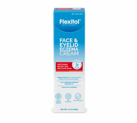 Front view of Flexitol Face & Eyelid Eczema Cream box highlighting soothing relief for delicate skin, colloidal oatmeal 5%, and benefits for eczema on face and eyelids.