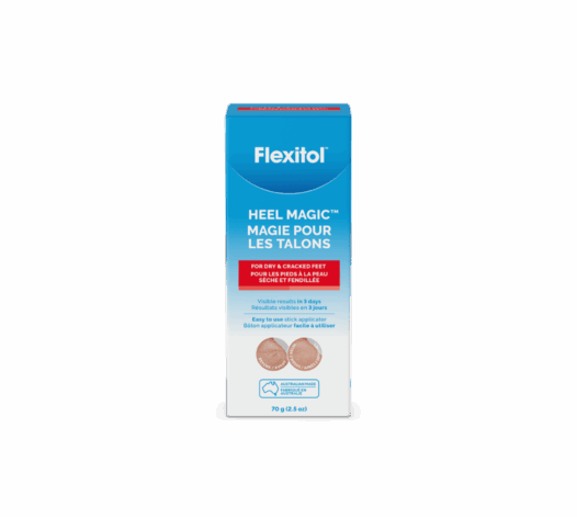 Front view of Flexitol Heel Magic product box with blue and white packaging, product name, and 70 g size displayed.