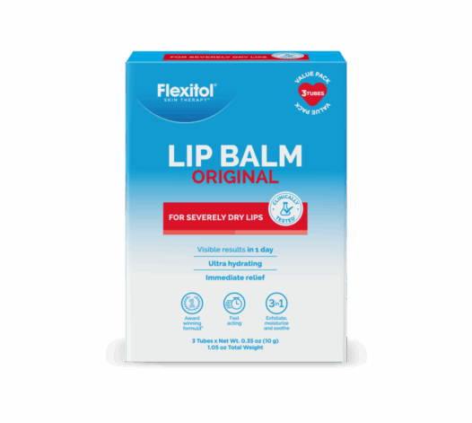 Front view of Flexitol Lip Balm Original 3 Pack carton packaging