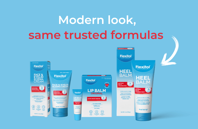 Promotional image showcasing the brand refresh on Flexitol packaging displayed on a gradient blue background with text in white and red: Modern look, same trusted formulas