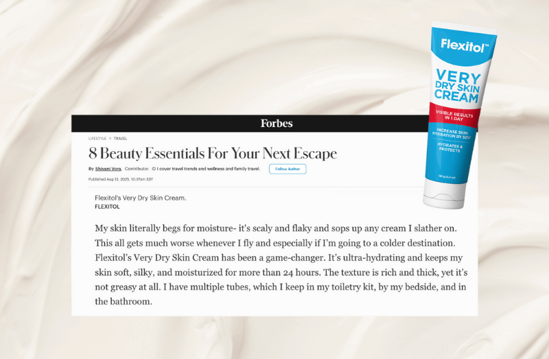 Promotional image to share the forbes announcement of top 8 beauty essentials for a getaway including article excerpt and Flexitol Very Dry Skin Cream tube which was one of the selected products