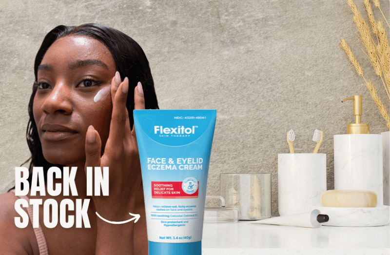 Flexitol Face & Eyelid Eczema Cream tube displayed on a bathroom counter with text reading “Back in Stock.
