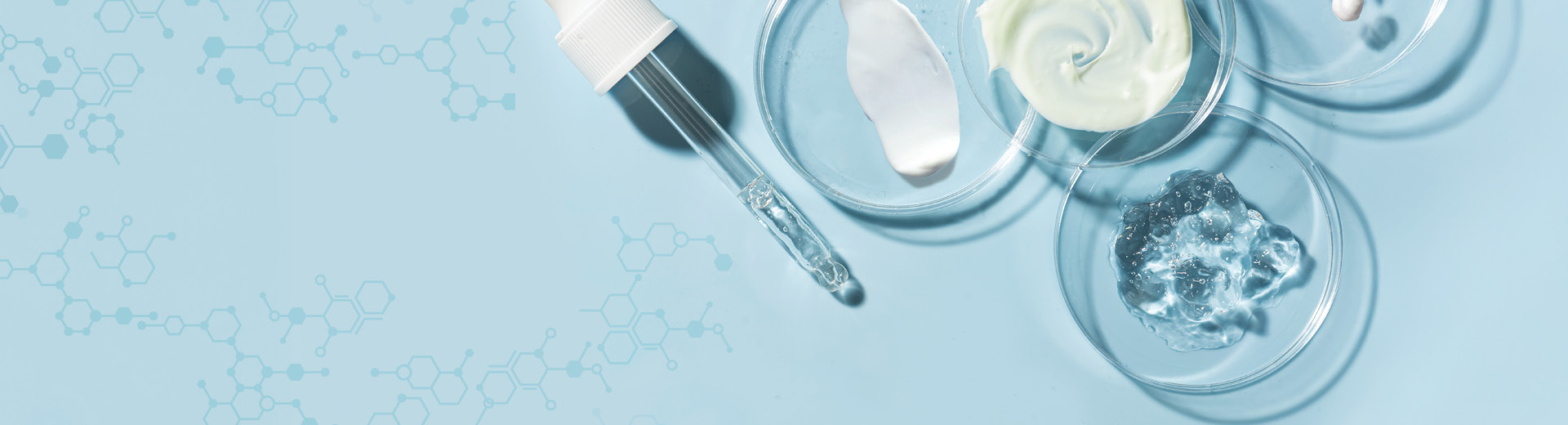 Promotional graphic on a light blue background with molecule chains and laboratory dishes with swashes of gel, cream and lotion
