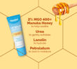 A tube of Flexitol Lip Balm Enriched with Manuka Honey shown beside text listing key ingredients: 2% MGO 400+ Manuka Honey, urea, lanolin, and petrolatum, with a honey dipper dripping honey.