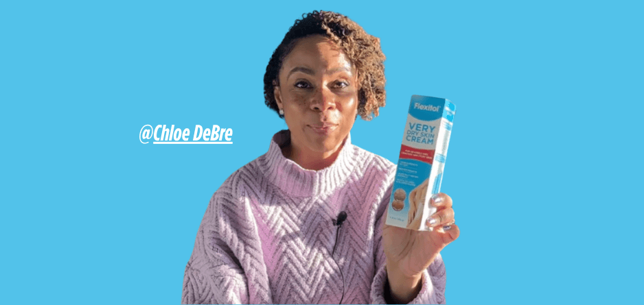 Chloe DeBre holding a packet of Flexitol Very Dry Skin Cream on a blue background