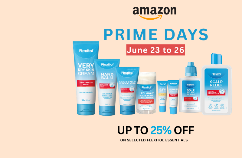 Flexitol skincare products displayed for Amazon Prime Days with June 23 to 26 dates and up to 25 percent off selected items