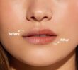 Close-up of lips showing before and after application of Peach Nude tinted lip balm with a subtle glossy finish