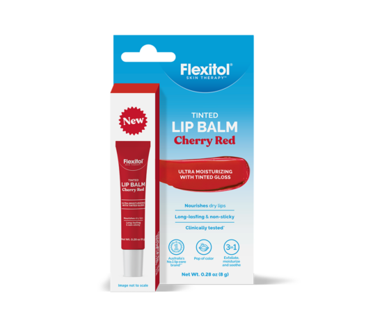 Flexitol Tinted Lip Balm Cherry Red front packaging and red gloss swatch on box