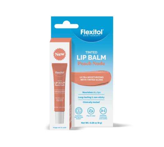 Front of Flexitol Tinted Lip Balm Peach Nude packaging with peach nude shade swatch and product image printed on the carton