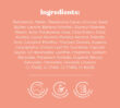 Peach-colored background displaying the ingredients list and product information icons