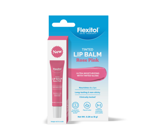 Front of Flexitol Tinted Lip Balm Rose Pink packaging with rose pink shade swatch and product image printed on the carton