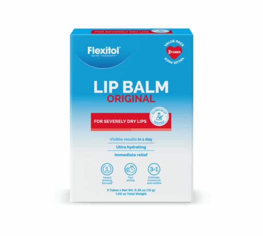 Front view of Flexitol Lip Balm Original 3 Pack carton packaging