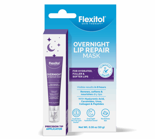 Front view of Flexitol Overnight Lip Repair Mask packaging with product carton and tube illustration