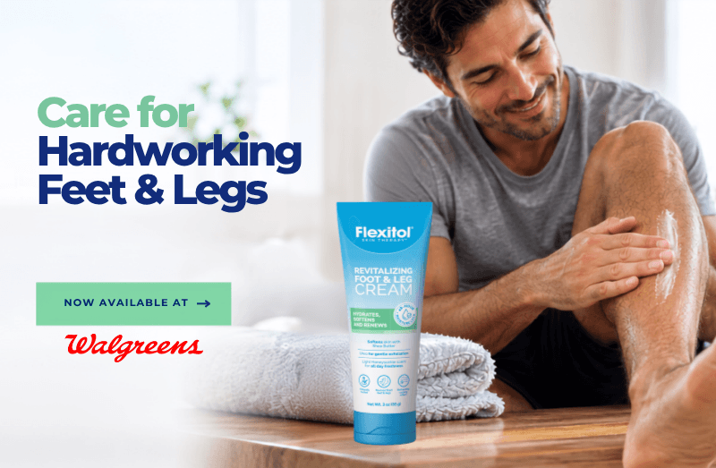 Flexitol Revitalizing Foot & Leg Cream tube displayed beside folded white towels, with a person applying cream to a lower leg. Banner text reads “Care for Hardworking Feet & Legs” and “Now Available at Walgreens.”