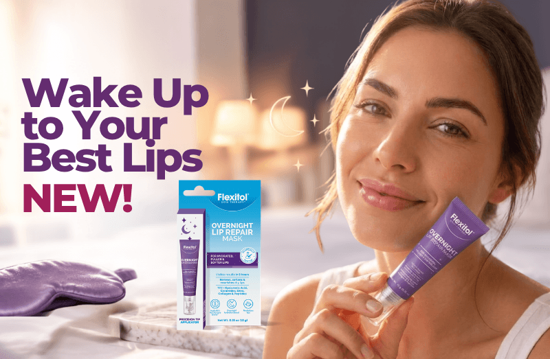 Homepage banner featuring Flexitol Skin Therapy Overnight Lip Repair Mask. A person holds a tube of Overnight Lip Repair Mask beside the product carton, with the headline "Wake Up to Your Best Lips NEW!" displayed on the left. A purple sleep mask, crescent moon and star graphics, and a softly lit bedroom-style setting reinforce the overnight use message.
