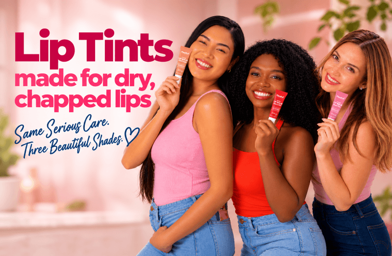 Homepage banner featuring three people holding Flexitol Tinted Lip Balm products. Visible text reads “Lip Tints made for dry, chapped lips” and “Same Serious Care. Three Beautiful Shades.” Three different tinted lip balm shades are shown.